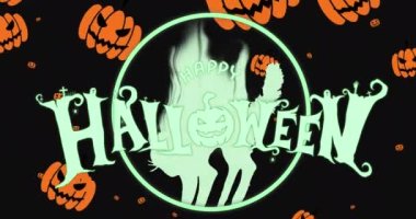 Düşen balkabaklarının üzerindeki mutlu Cadılar Bayramı metninin animasyonu. Cadılar bayramı, gelenek ve kutlama konsepti dijital olarak oluşturuldu.