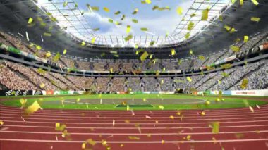 Spor stadyumunun üzerine düşen konfeti animasyonu. spor, kutlama ve yarışma konsepti dijital olarak oluşturulmuş video.