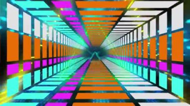 Siyah arkaplanda parlayan kaleydoskopik şekiller ve tünel animasyonu. Video oyunu, eğlence ve dijital arayüz kavramı dijital olarak oluşturuldu.