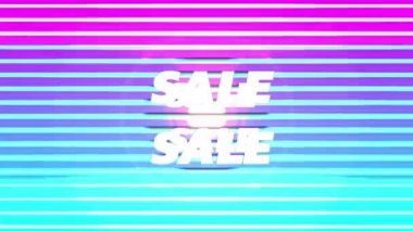 Renkli çizgi çemberlerinin değişmesi üzerine beyaz ve renkli metinlerde satışın animasyonu. dijital arayüz, çevrimiçi alışveriş ve perakende konsepti dijital olarak oluşturulmuş video.