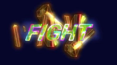 Dövüş metninin animasyonu 3D parıldayan şekiller üzerinde. Video oyunu, eğlence ve dijital arayüz kavramı dijital olarak oluşturuldu.