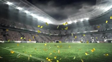 Spor stadyumunun üzerine düşen konfeti animasyonu. spor, kutlama ve yarışma konsepti dijital olarak oluşturulmuş video.