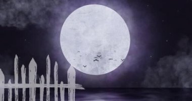 Ay üzerinde uçan yarasaların animasyonu ve gece gökyüzü arkaplanı. Cadılar bayramı, gelenek ve kutlama konsepti dijital olarak oluşturuldu.