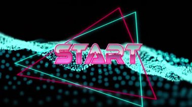 Geometrik hareketli şekiller ve dalgalar üzerinde başlangıç metninin canlandırması. Video oyunu, eğlence ve dijital arayüz kavramı dijital olarak oluşturuldu.