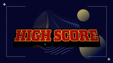 Geometrik hareketli şekiller üzerinde yüksek skorlu metin animasyonu. Video oyunu, eğlence ve dijital arayüz kavramı dijital olarak oluşturuldu.