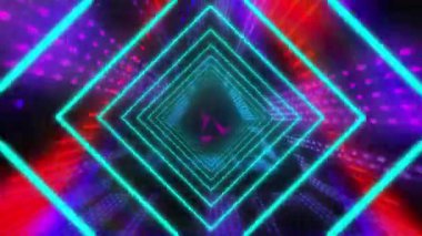 Siyah arkaplan üzerinde parıldayan kaleydoskopik şekillerin canlandırması. Video oyunu, eğlence ve dijital arayüz kavramı dijital olarak oluşturuldu.