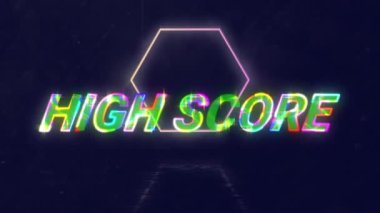 Geometrik hareketli şekiller üzerinde yüksek skorlu metin animasyonu. Video oyunu, eğlence ve dijital arayüz kavramı dijital olarak oluşturuldu.