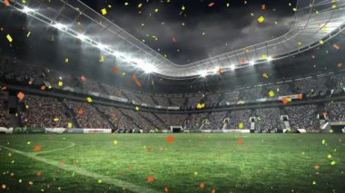 Spor stadyumunun üzerine düşen konfeti animasyonu. spor, kutlama ve yarışma konsepti dijital olarak oluşturulmuş video.