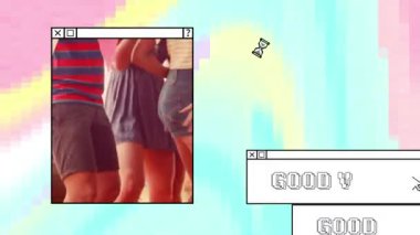 İnsanların mavi ve pembe üzerinde dans ettiği beyaz metinlerle dolu camlarda iyi titreşimlerin animasyonu. dijital arayüz ve sosyal medya mesajlaşma kavramı dijital olarak oluşturulmuş video.