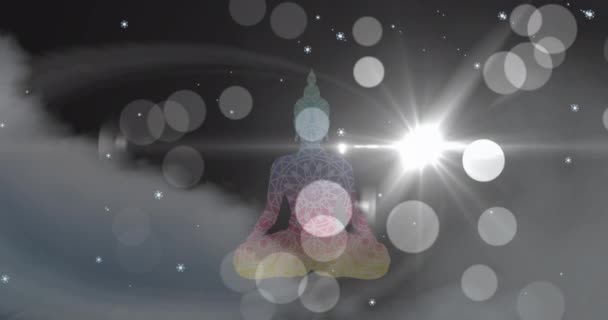 Animación Colorida Estatua Buda Sobre Nevadas Nubes Luces Bokeh Vacaciones — Vídeo de stock