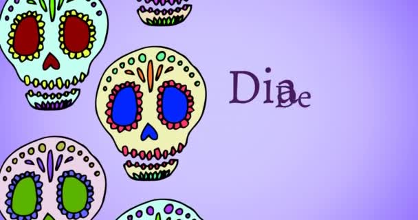 Animação Dia Los Muertos Sobre Crânios Decorativos Fundo Roxo Dia — Vídeo de Stock