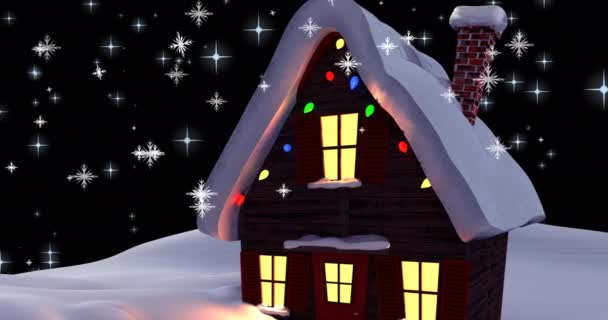 Κινούμενο Χιόνι Πέφτει Στο Χειμερινό Τοπίο Σπίτι Χριστούγεννα Παράδοση Και — Αρχείο Βίντεο
