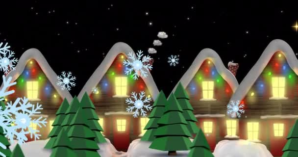 Анімація Снігу Падає Над Зимовими Декораціями Будинків Різдвяними Казковими Вогнями — стокове відео