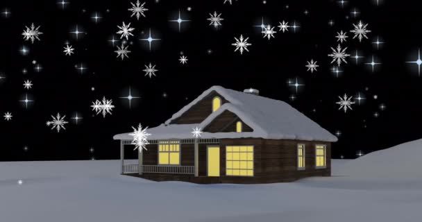 Animation Des Schneefalls Der Winterlandschaft Mit Haus Weihnachten Tradition Und — Stockvideo