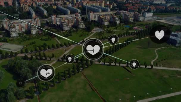 Animazione Rete Connessioni Con Icone Sopra Paesaggio Urbano Social Media — Video Stock