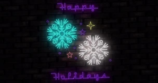 霓虹灯的动画欢乐的假日文字和雪片在黑色的背景 圣诞节 传统和庆祝概念数字制作的视频 — 图库视频影像