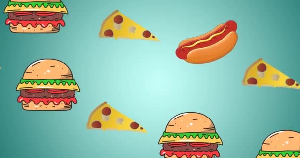 Animación Caída Pizza Hamburguesas Perros Calientes Sobre Fondo Azul Cocina — Vídeo de stock