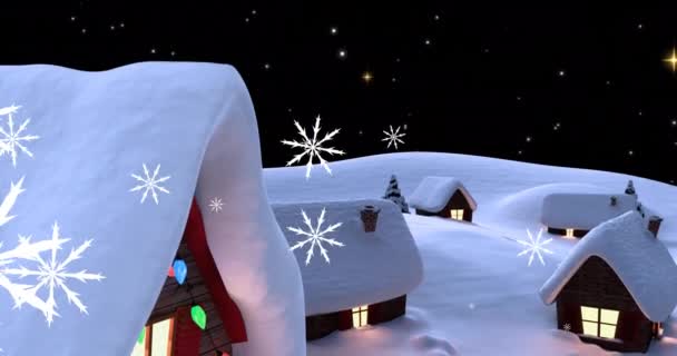 Animación Nieve Cayendo Sobre Paisaje Invierno Casas Con Luces Hadas — Vídeos de Stock
