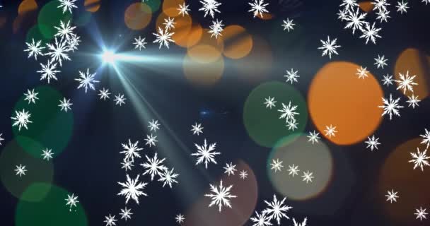 Κινούμενο Χιόνι Πέφτει Πάνω Από Πρώτο Αστέρι Και Χριστουγεννιάτικα Φώτα — Αρχείο Βίντεο