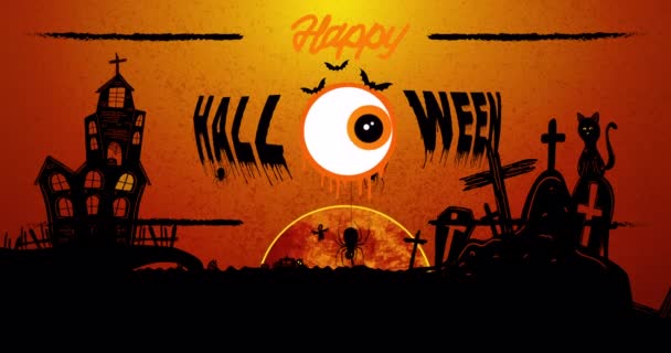 Animation Von Fröhlichen Halloween Fledermäuse Friedhof Und Auge Auf Orangefarbenem — Stockvideo