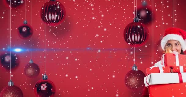 Animatie Van Een Vrolijke Blanke Vrouw Met Een Kerstmuts Met — Stockvideo