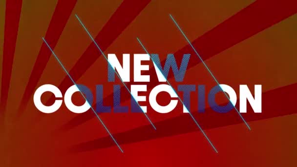 Animación Nueva Colección Texto Blanco Azul Sobre Franjas Rojas Radiales — Vídeo de stock