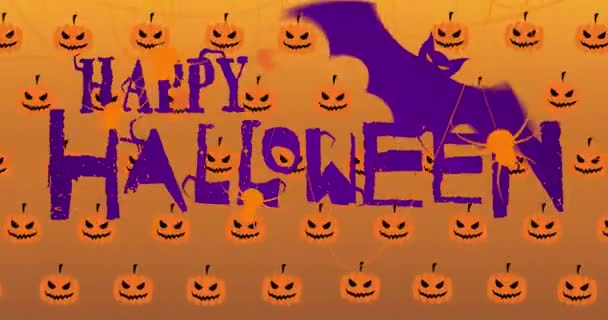 カボチャの上に幸せなハロウィーンのテキストのアニメーション ハロウィーン お祝いのコンセプトデジタルで生成されたビデオ — ストック動画
