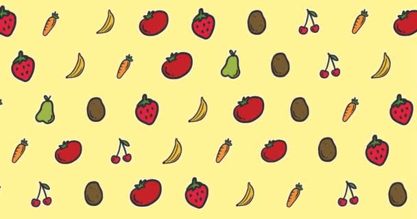 Animation Diverser Cartoon Lebensmittel Auf Gelbem Hintergrund Küche Essenszubereitung Und — Stockvideo