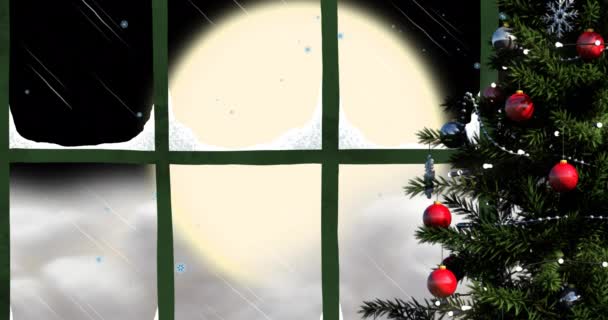 Kerstman Rendieren Vliegen Maan Uitzicht Het Raam Kerstmis Winter Traditie — Stockvideo