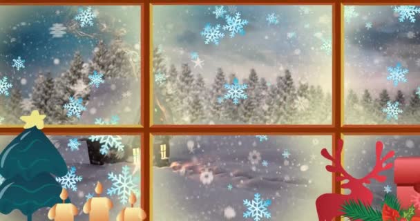 Animación Nieve Cayendo Sobre Casa Con Luces Hadas Navideñas Vistas — Vídeo de stock