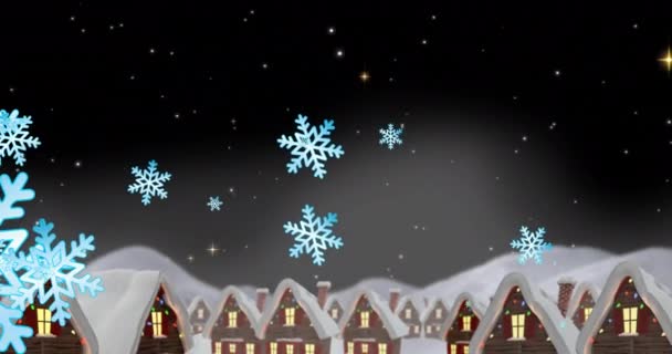 Κινούμενο Χιόνι Πέφτει Πάνω Από Χειμερινά Τοπία Σπίτια Χριστουγεννιάτικα Φώτα — Αρχείο Βίντεο