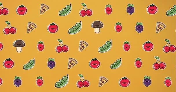 Animación Diversos Alimentos Dibujos Animados Flotando Sobre Fondo Naranja Cocina — Vídeos de Stock