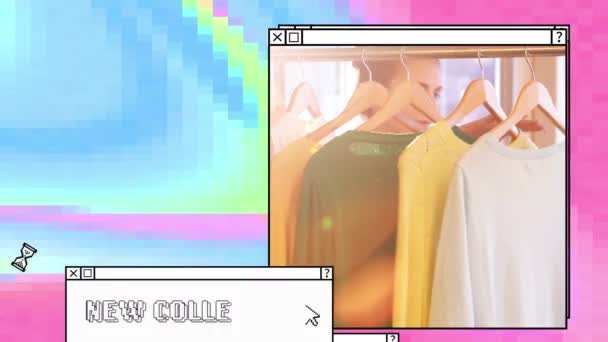 Animation New Collection Text Stacked Window Woman Looking Clothes Rail — Stock Video