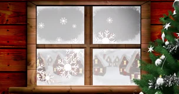 Κινούμενο Σχέδιο Χειμερινού Τοπίου Θέα Από Παράθυρο Χριστούγεννα Χειμώνας Παράδοση — Αρχείο Βίντεο