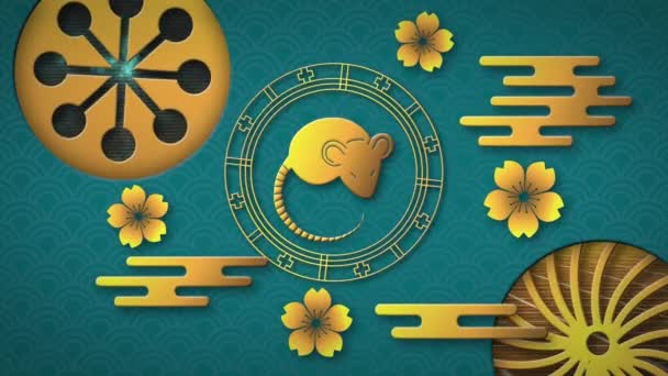Animace Zlatého Čínského Krysího Symbolu Modrém Pozadí Čínský Nový Rok — Stock video
