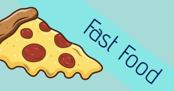 Κινούμενα Σχέδια Του Fast Food Και Πίτσα Φέτα Μπλε Φόντο — Αρχείο Βίντεο