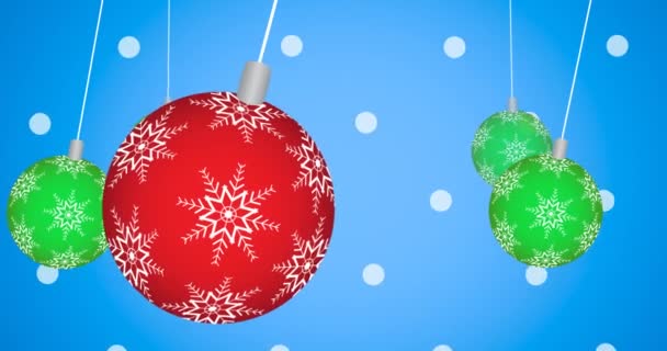 Animación Bolas Navidad Colgando Patrón Puntos Blancos Sobre Fondo Azul — Vídeos de Stock