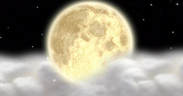 Animación Santa Claus Trineo Con Renos Moviéndose Sobre Nubes Luna — Vídeo de stock