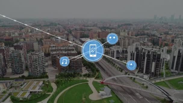 Animación Red Conexiones Con Iconos Sobre Paisaje Urbano Concepto Global — Vídeo de stock