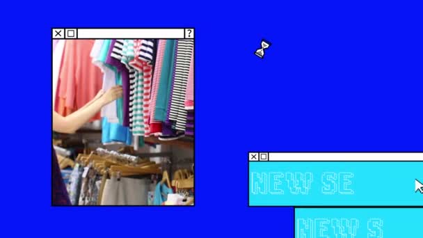 新一季的动画在堆放的橱窗里 女人的衣服在商店里采购 数码界面 网上购物及零售概念数码影片 — 图库视频影像