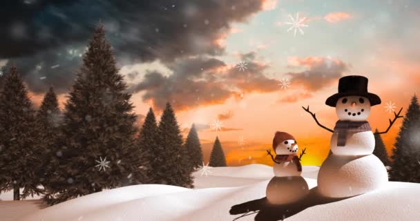 Анимация Снегопада Зимнем Пейзаже Снеговиками Рождество Традиции Концепция Празднования Цифрового — стоковое видео