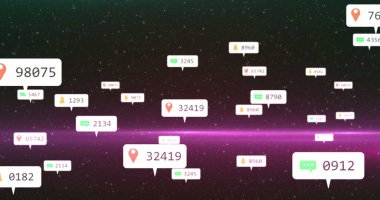 Sosyal medya simgeleri ve gece gökyüzündeki yıldızların üzerindeki beyaz afişler üzerindeki numaralar. küresel sosyal medya ağı, dijital arayüz ve dijital olarak üretilen vide konsepti