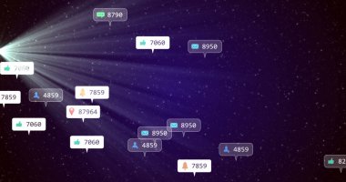 Sosyal medya simgeleri ve mor gökyüzündeki yıldızların üzerindeki beyaz ve gri pankartlardaki rakamlar. küresel sosyal medya ağı, dijital arayüz ve dijital olarak üretilen vide konsepti