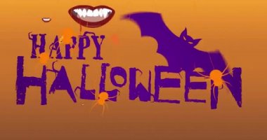 Düşen vampir dudakları üzerine Mutlu Cadılar Bayramı metni animasyonu. Cadılar bayramı, gelenek ve kutlama konsepti dijital olarak oluşturuldu.