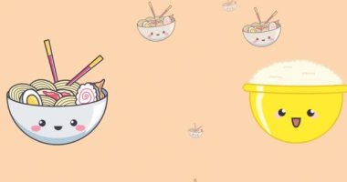 Turuncu zemin üzerinde ramen yüzen çeşitli çizgi film kaselerinin animasyonu. Mutfak, yemek hazırlama ve dijital olarak üretilen bir video..