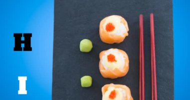 Mavi arkaplanlı suşi ve suşi tabağı animasyonu. Mutfak, Japon yemek hazırlama ve dijital olarak üretilen video servis..