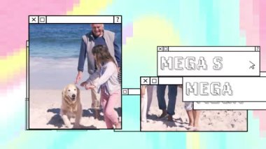 Büyük satışın animasyonu beyaz metinlerde üst üste dizilmiş camlarda, mutlu çok nesilli aile plajda. dijital arayüz, çevrimiçi alışveriş ve perakende konsepti dijital olarak oluşturulmuş video.