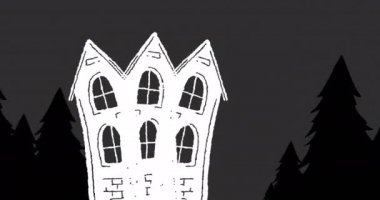 Gece manzarası üzerindeki perili ev animasyonu. Cadılar bayramı, gelenek ve kutlama konsepti dijital olarak oluşturuldu.