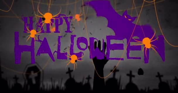 紫の背景に幸せなハロウィン クモや墓地のアニメーション ホラー ハロウィンの伝統とお祝いの概念デジタルで生成されたビデオ — ストック動画