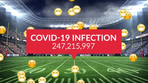 Animace Covid Dat Emojis Obličejovými Maskami Padající Sportovním Stadionu Sport — Stock video